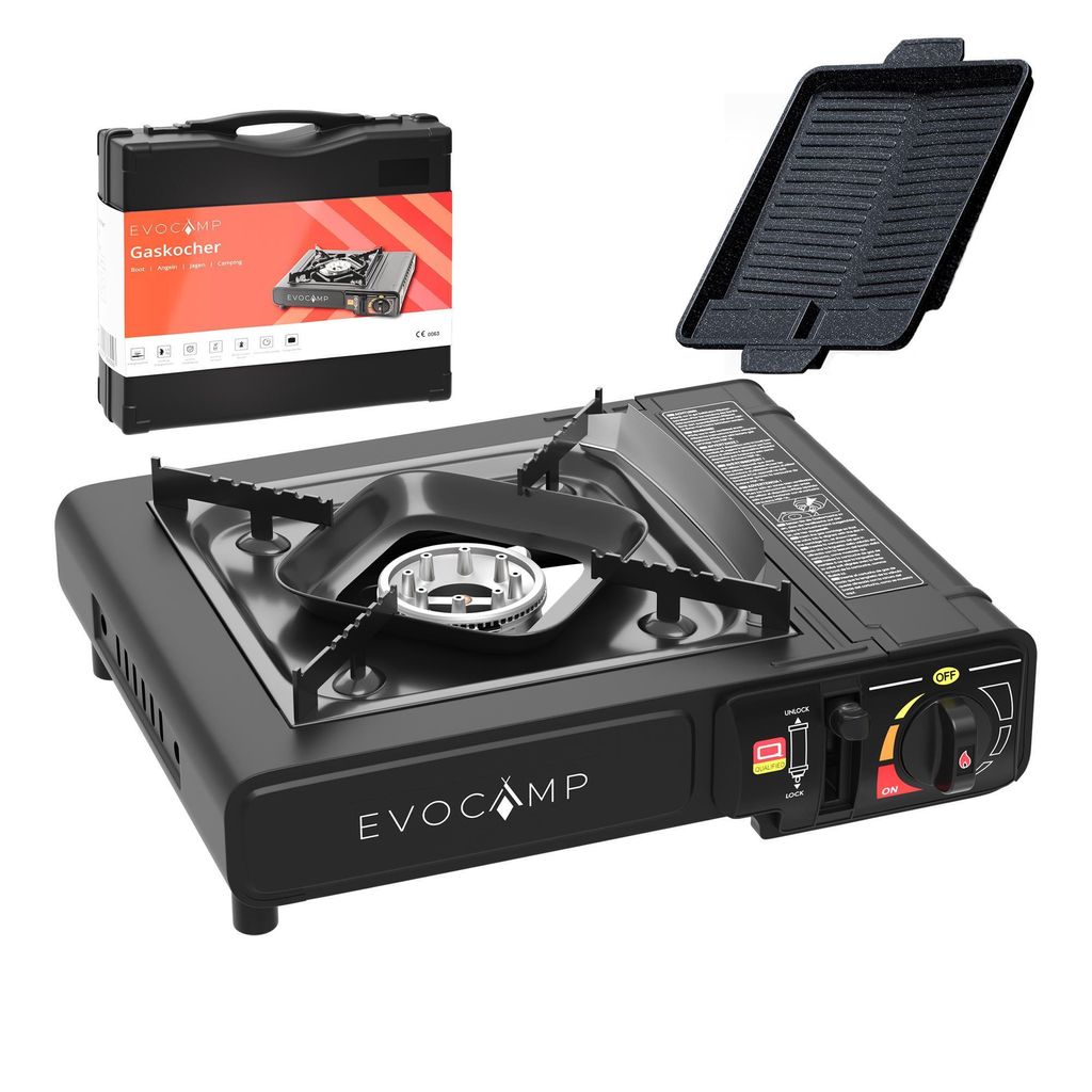 EVOCAMP Campingkocher 1-flammig mit BBQ Grillplatte 38 cm inkl. Transportkoffer (ohne Gaskartuschen )