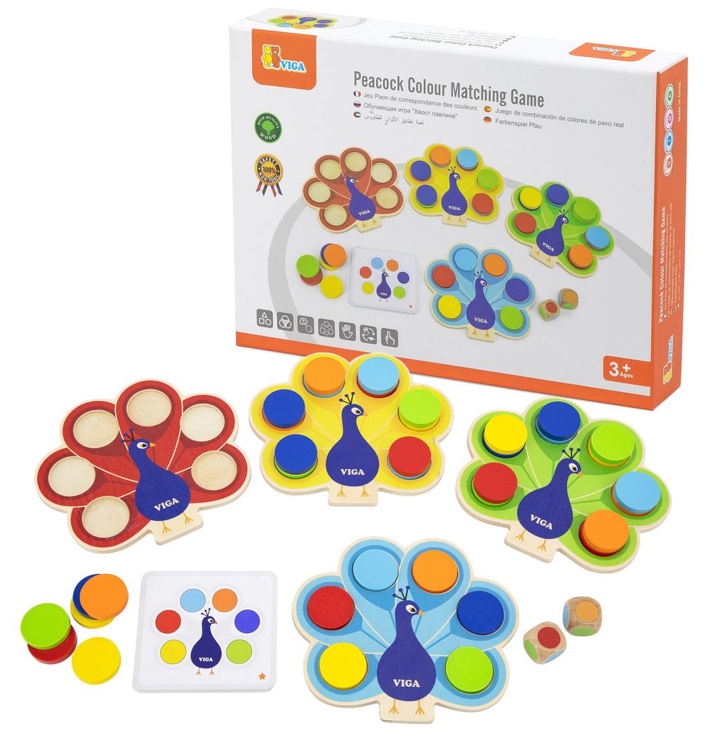 VIGA Drevená hra „Zlaď farby“ – pávie chvosty Montessori + Obrázok produktu 