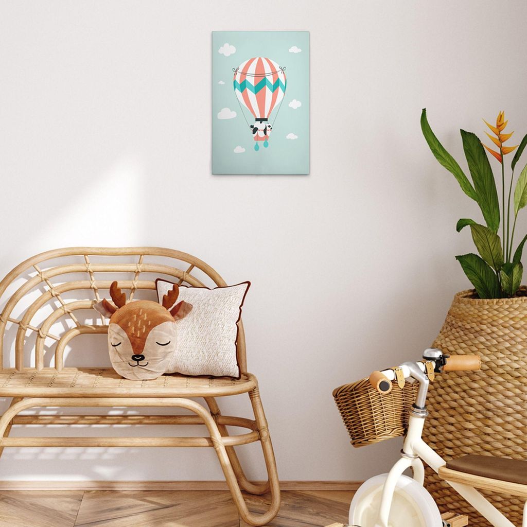 TADESSI Leinwandbild Heißluftballon Kinderzimmer Panda - Wandbild 30 x 45 cm - Kunstdruck auf Leinwand in Grün Weiß - M1-No.51428