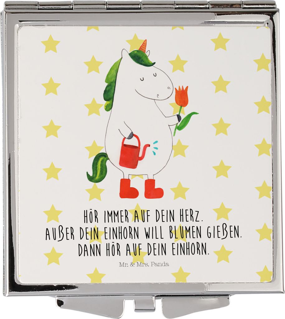 Mr. & Mrs. Panda Kosmetikspiegel Einhorn Gärtner - Weiß - Geschenk, Taschenspiegel klappbar, Unicorn, Einhörner, Blume, Stiefel, Garten, Schmink...
