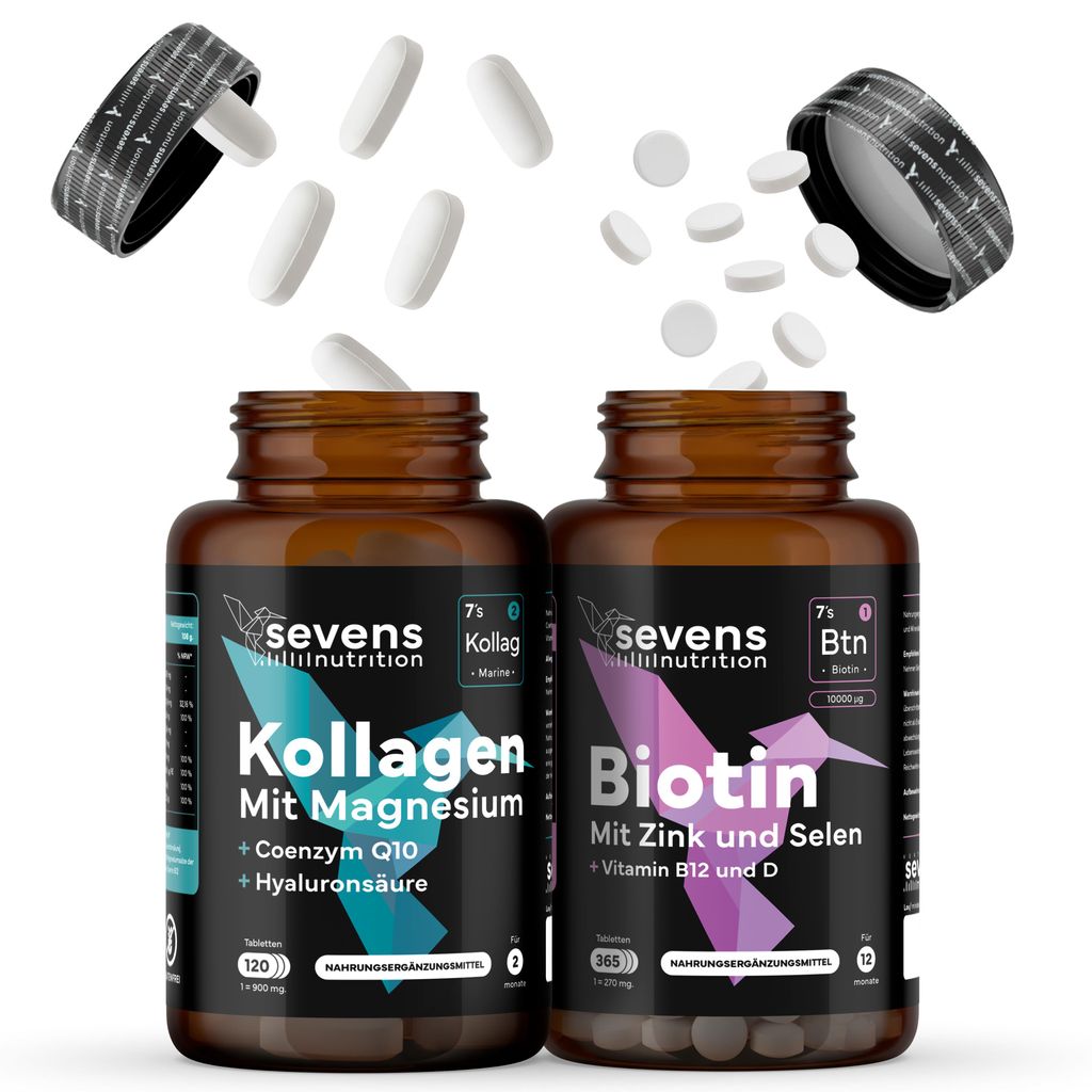 Biotin 10.000 mcg 365 Tabletten + Kollagen Hydrolysat 120 Tabletten - Set mit Magnesium, Hyaluronsäure & Q10 – Sevens Nutrition