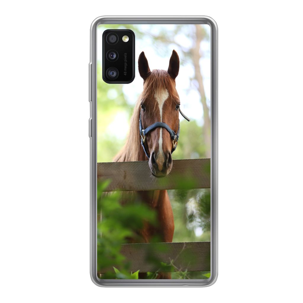 MuchoWow Handyhülle Schutzhülle Hülle für Samsung Galaxy A41 Pferd - Natur - Zaun Silikon Softcase Handy Hülle - Mobiltelefon