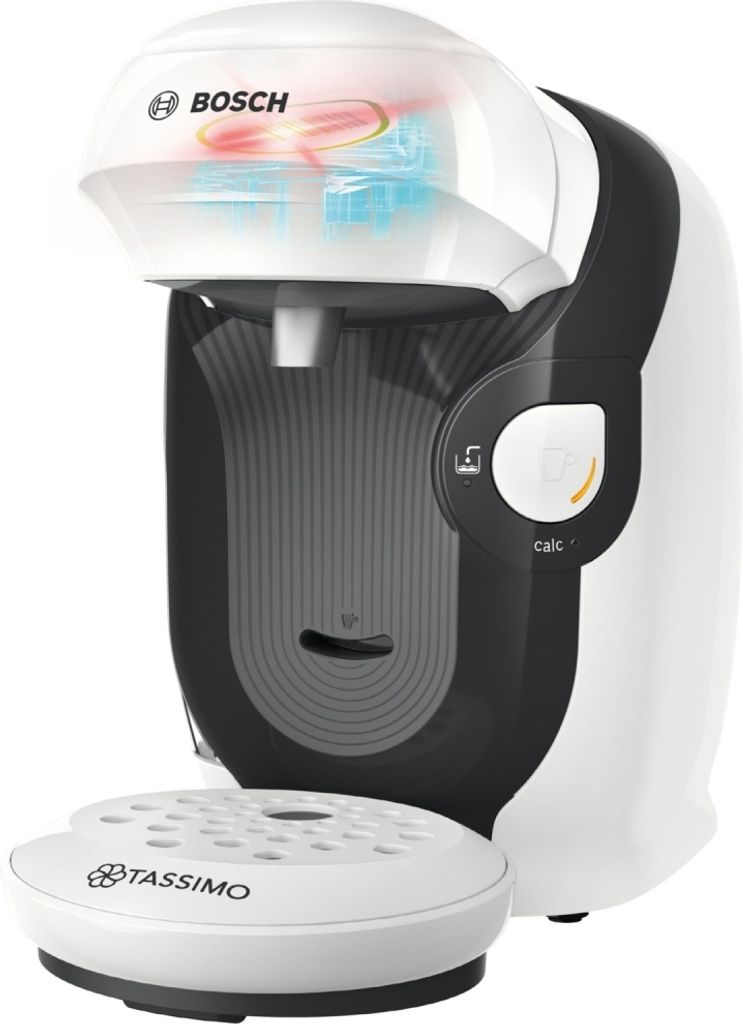 A white and black Bosch Tassimo coffee machine.