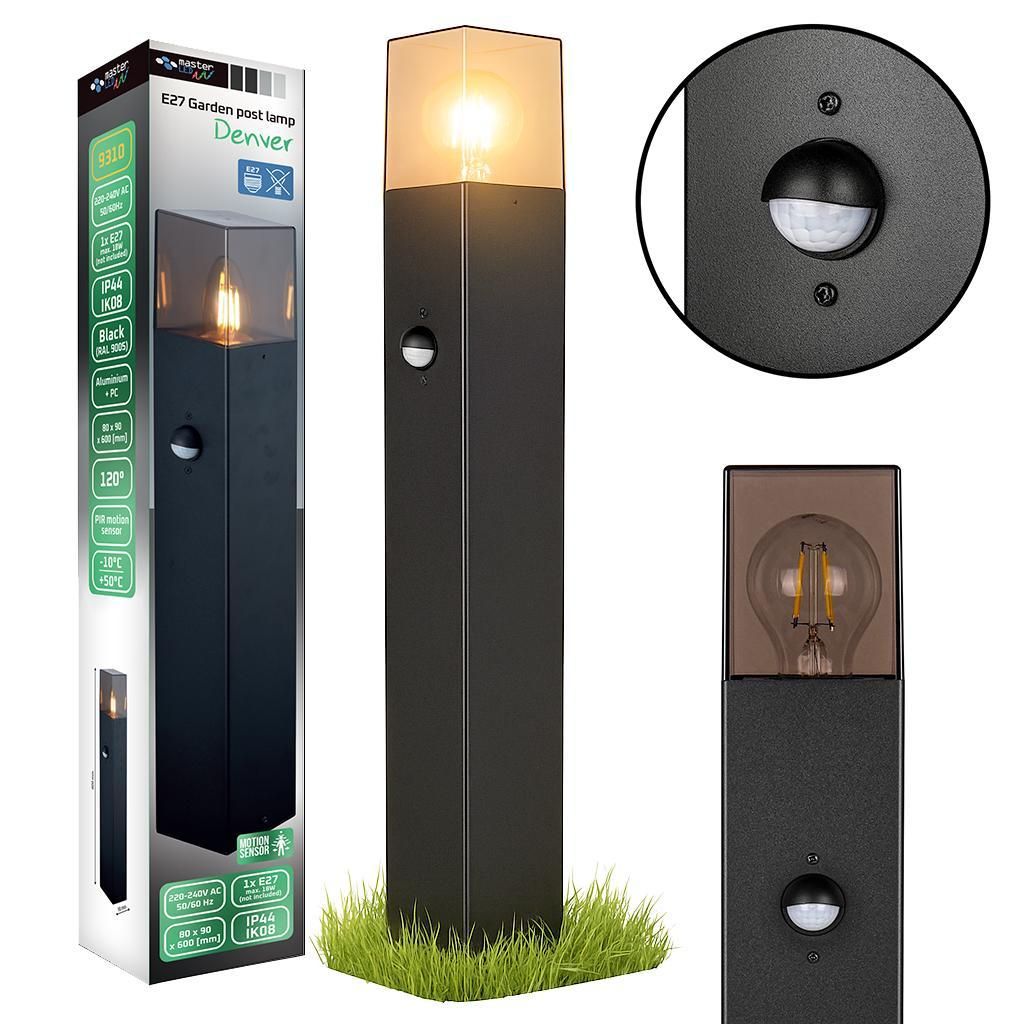MasterLED LED Wegeleuchte E27 mit Sensor IP44 60cm Schwarz Pollerleuchte Bewegungsmelder Gartenbeleuchtung Aluminium Außenleuchte