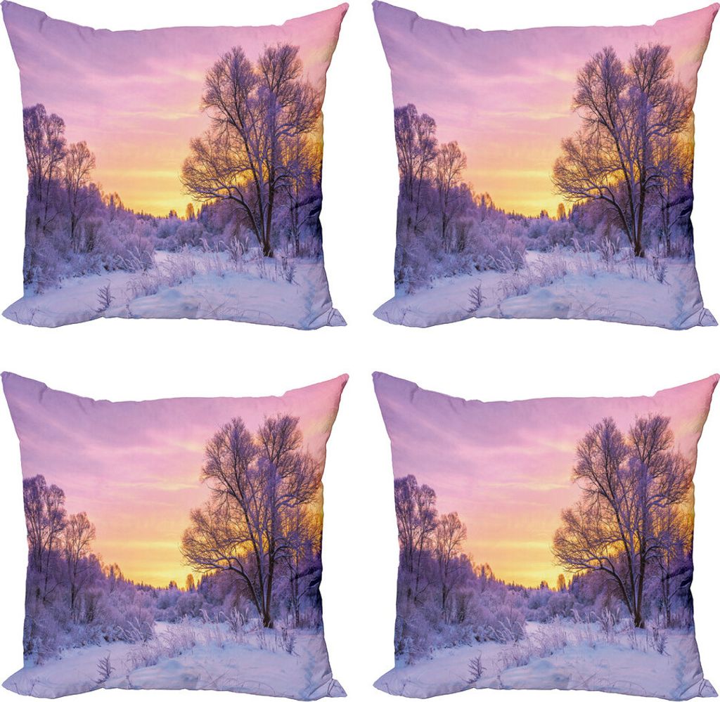 ABAKUHAUS Wald Kissenbezug Set (4 Stück), Landschaft mit Sonnenuntergang, Moderner Doppelseitiger Digitaldruck, 45 cm x 45 cm, rosa, Weiß,