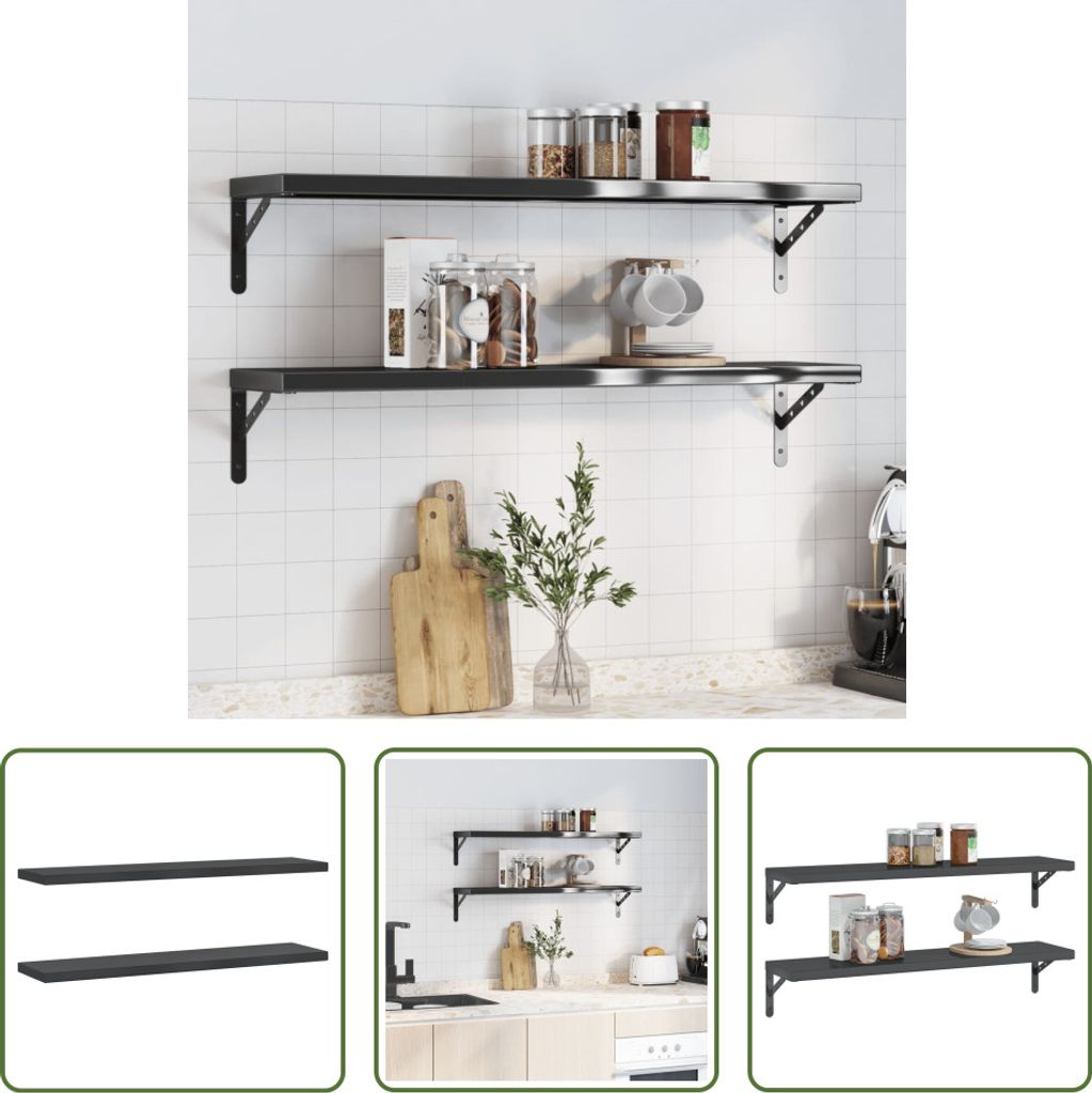 The Living Store Wandregale 2 Stk. 100x23,5x3 cm Schwarz Edelstahl