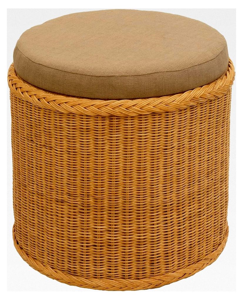 Runder Wäschekorb aus Rattan mit gepolsterter Sitzfläche in Honigfarbe - Großer Wäschesammler und Sitztruhe aus Natur-Rattan, auch geeignet als...