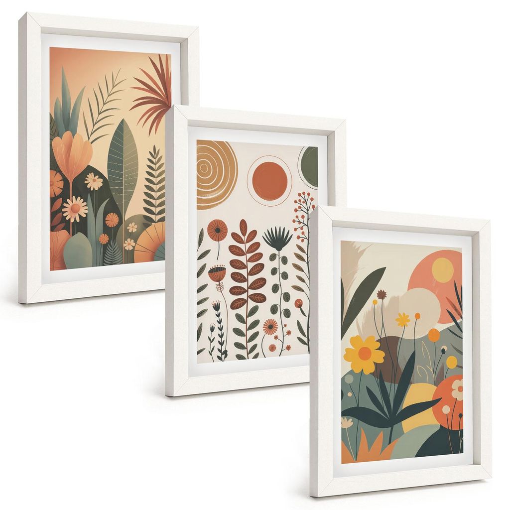 Bilder Set 3-teilig im weißen Rahmen – Wandbilder 3 Stück – gerahmte Poster für Wohnzimmer, Schlafzimmer und Flur – 20x30 cm – Boho-Pfla...