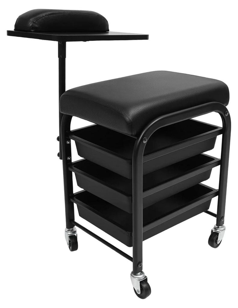 Maniküre Wagen - Salon Rollwagen - 3 Schubladen - Handauflage 36×17,5 cm, Höhe 64 cm - Größe 38×30×50 cm - Metallrahmen - Schwarz