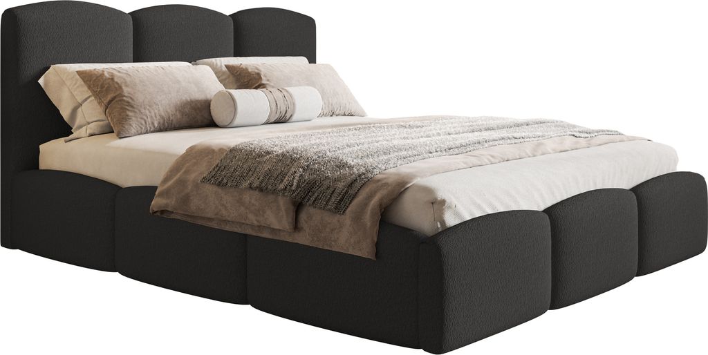 Polsterbett 140x200 Roma Slim mit Bettkasten - dickem Schaumstoff, Lattenrost - Bouclé Schwarz