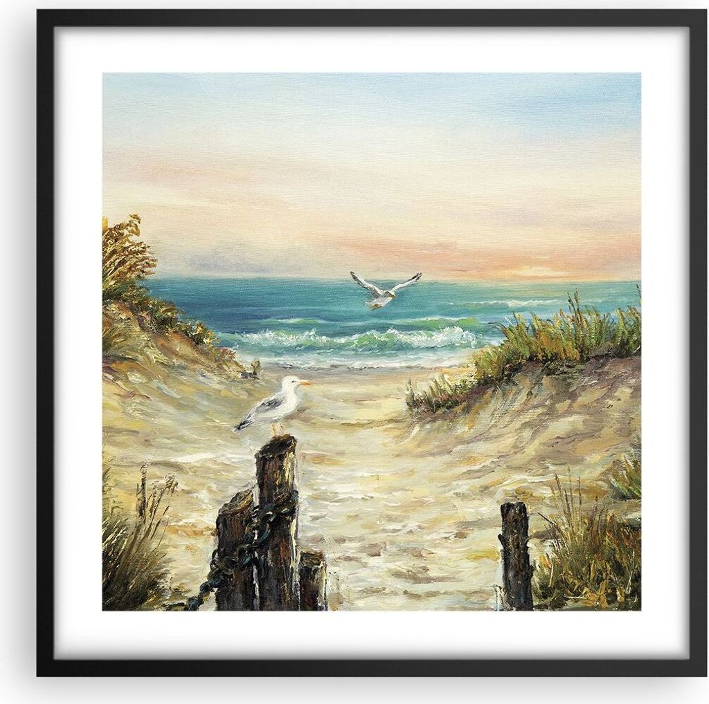 Gerahmtes Poster - Schwarzer Rahmen - Impressionismus Möwen Küste - 50x50 cm - Wand Bild - Wanddeko - Wandbilder - Kunstposter - Wandposter - Bil...