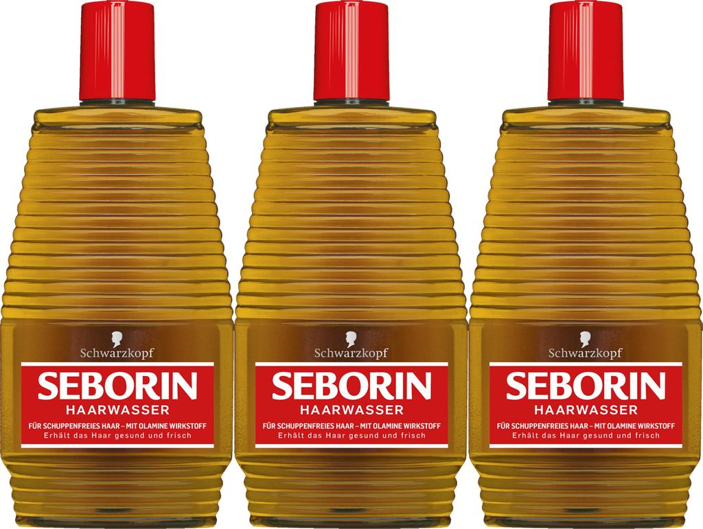 Three bottles of Schwarzkopf Seborin Haarwasser arranged side-by-side on a white background.