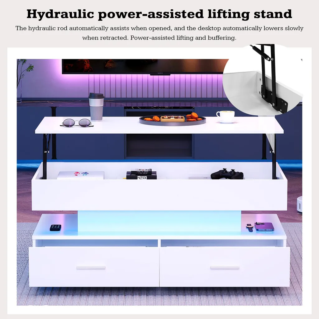 OKWISH Table Basse Relevable Blanc Laqué avec LED Bluetooth et 2 Tiroirs - 8