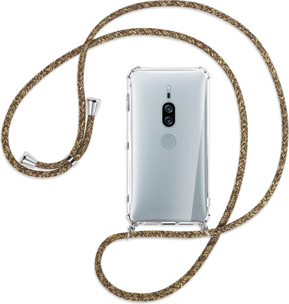 Handykette Backcover-Schutzhülle mit Band (Metall silberfarben) für Sony Xperia XZ2 Premium - braun+beige