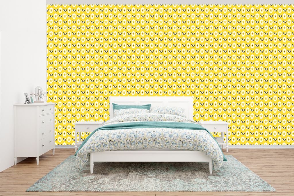 MuchoWow Fototapete für Wohnzimmer oder Schlafzimmer Wandtapete Vinyl Motivtapete Blume - Gelb - Muster - Sommer - 430x240 cm - Gemustert