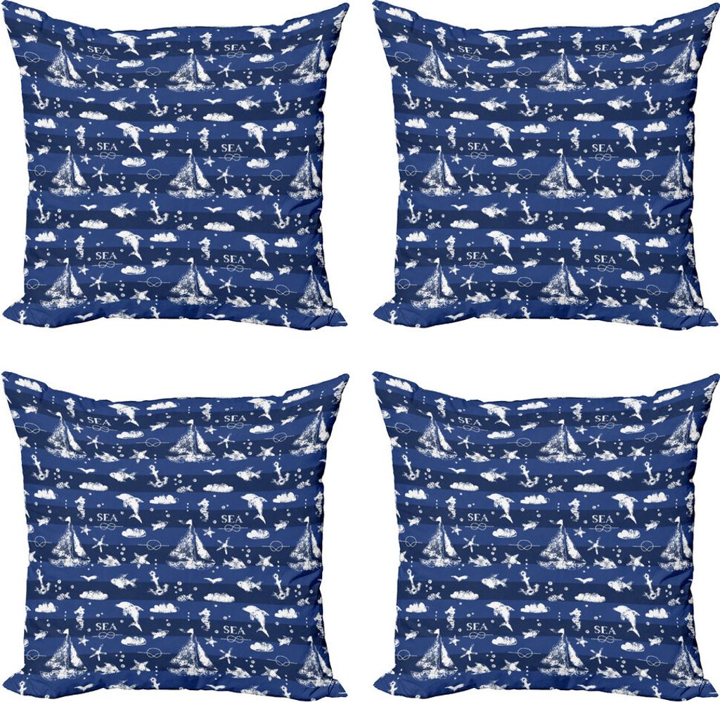 ABAKUHAUS Navy blau Kissenbezug Set (4 Stück), Grunge Anchor Schiff, Moderner Doppelseitiger Digitaldruck, 50 cm x 50 cm, Blau Weiss