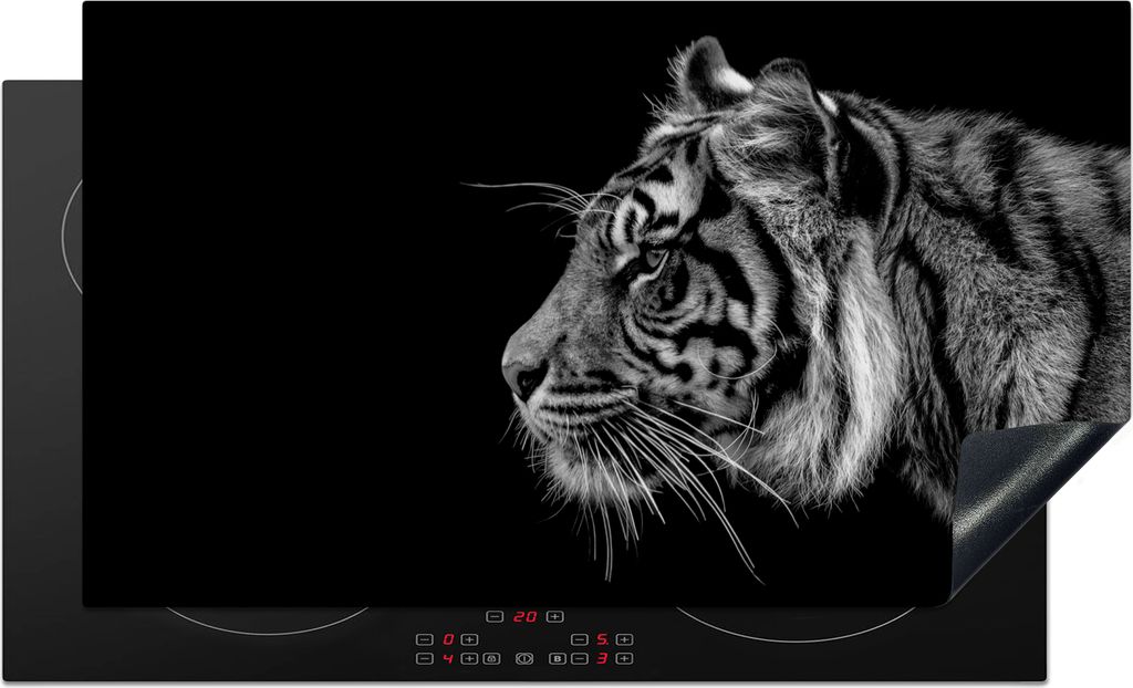 KitchenYeah Herdabdeckplatte Tiger auf schwarzem Hintergrund in schwarz und weiß , 89x51cm, Küche Deko, Glaskeramikkochfeld Herdabdeckung, Abde...
