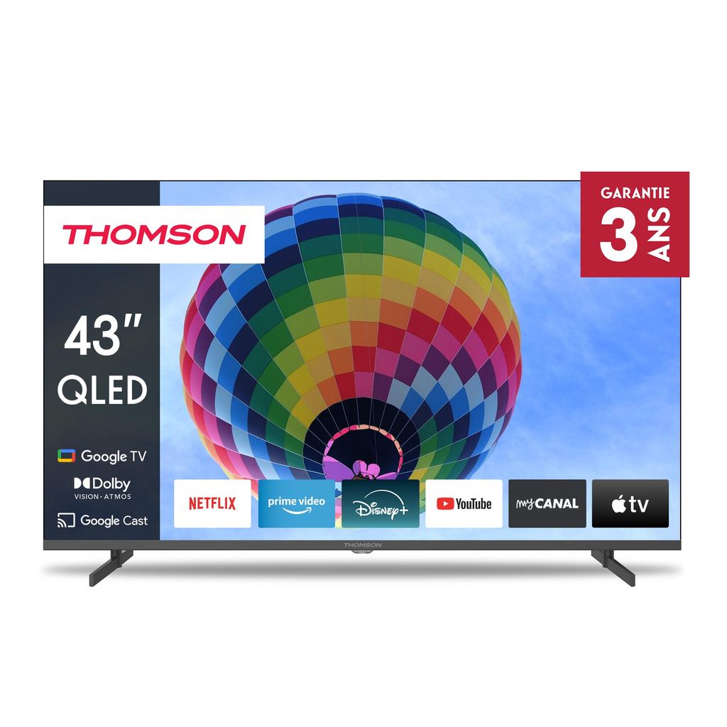 A television set displaying a colorful hot air balloon on its screen, with app logos and product information on the left.