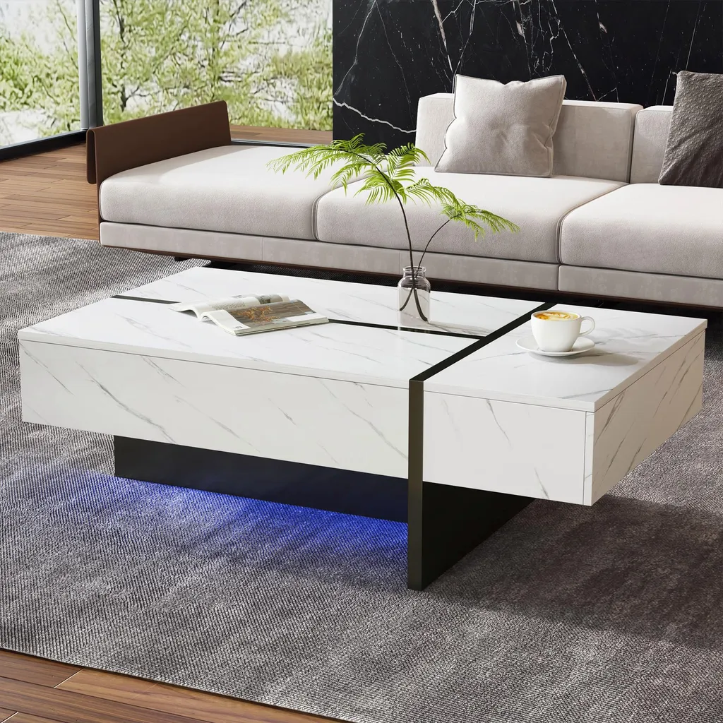 Merax Tavolino da Caffè LED Marmo - Mobile Soggiorno 3 Cassetti Bianco