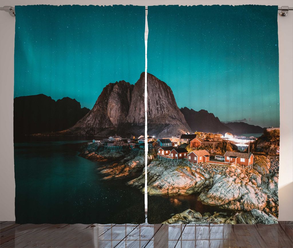 ABAKUHAUS Nachtozean Rustikaler Gardine, Aurora Borealis Norwegen, Wohnzimmer Universalband Gardinen mit Schlaufen und Haken, 280 x 225 cm, Teal un...