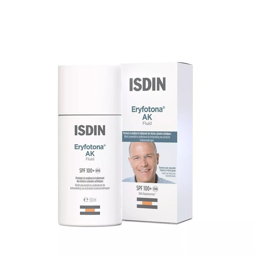 A product shot of ISDIN Eryfotona AK Fluid SPF 100+ 50ml with its packaging.
