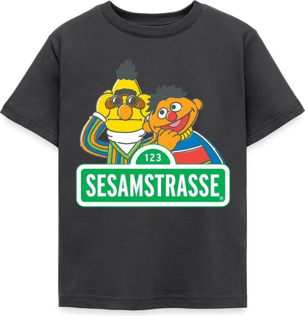 Spreadshirt Sesamstraße Schild Ernie und Bert Kinder T-Shirt, 122/128 (7-8 Jahre), Dunkelgrau