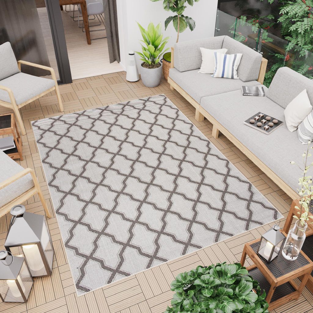 Teppich Outdoor Indoor Hellgrau Marokkanisch Gitter Balkon Terrasse 120 x 170 cm