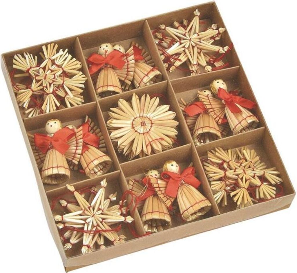 A box of straw Christmas ornaments.