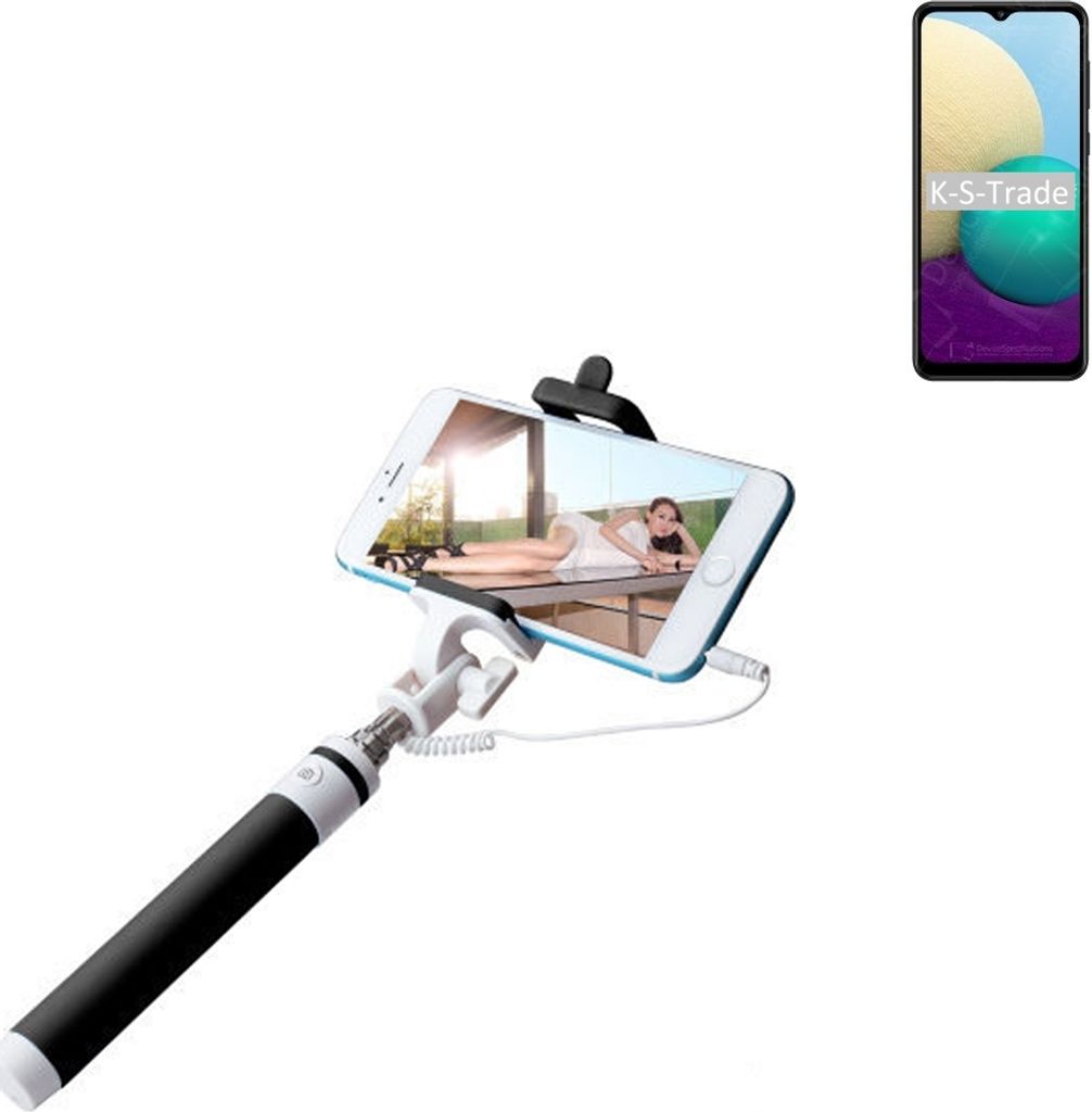 K-S-Trade Selfie Stick kompatibel mit Samsung Galaxy A02 Selfiestick kabelgebunden Monopod mit Kabel Stab Stange Selfportrait Handheldstick schwarz