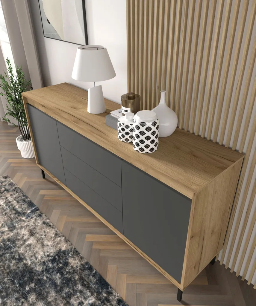 Commode Nesta 2D3S 166 cm Craft Gold et Basalt - Buffet avec 3 Tiroirs