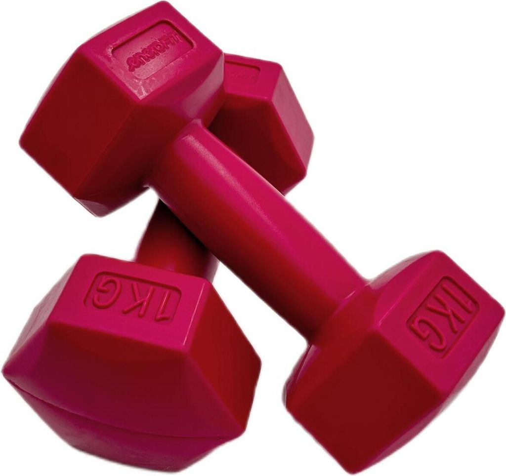 Two pink dumbbells are shown against a white background.