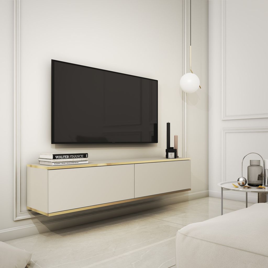 Masseno TV-Schrank VENEZIA 135 cm Fernsehschrank mit 2 Türen TV-Lowboard für Wohnzimmer Modern 135x32x30 cm Beige / Beige
