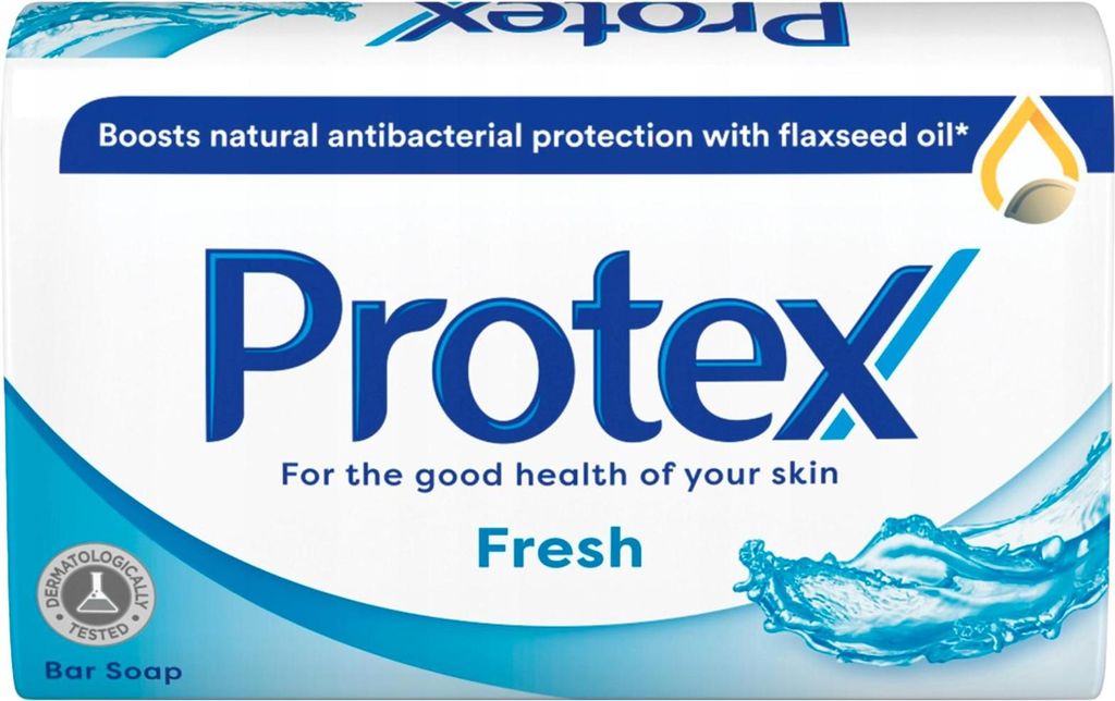A bar of Protex Fresh soap on a white background with blue wave graphics.