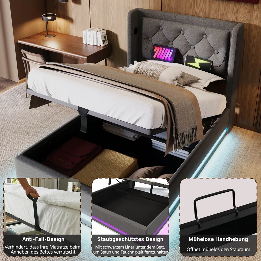 Lit LED 90x200 avec USB Type-C et coffre de rangement - Gris Coton - 5