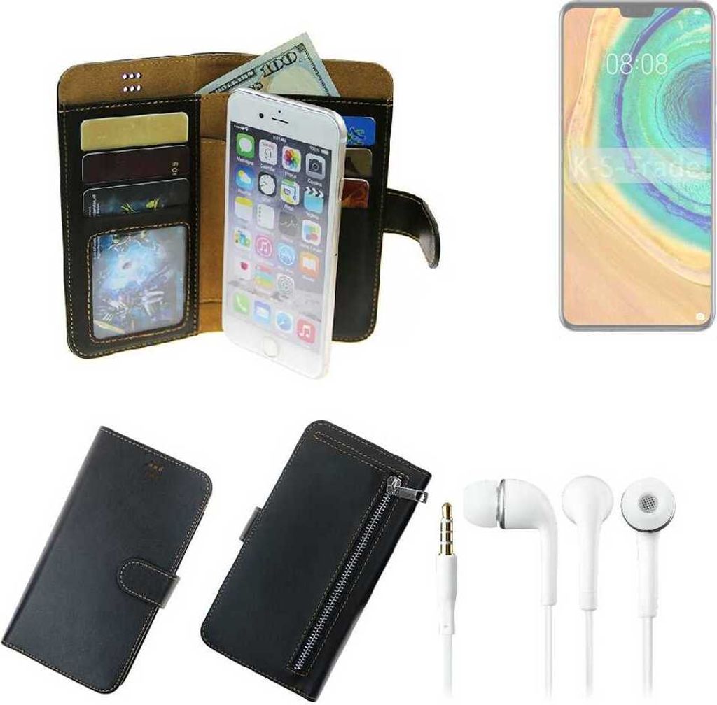 TOP SET Handy Hülle Schutz Hülle kompatibel mit samsung S10+ 512 GB schwarz aus Kunstleder + Kopfhörer Smartphone Tasche vollwertige Geldbörse
