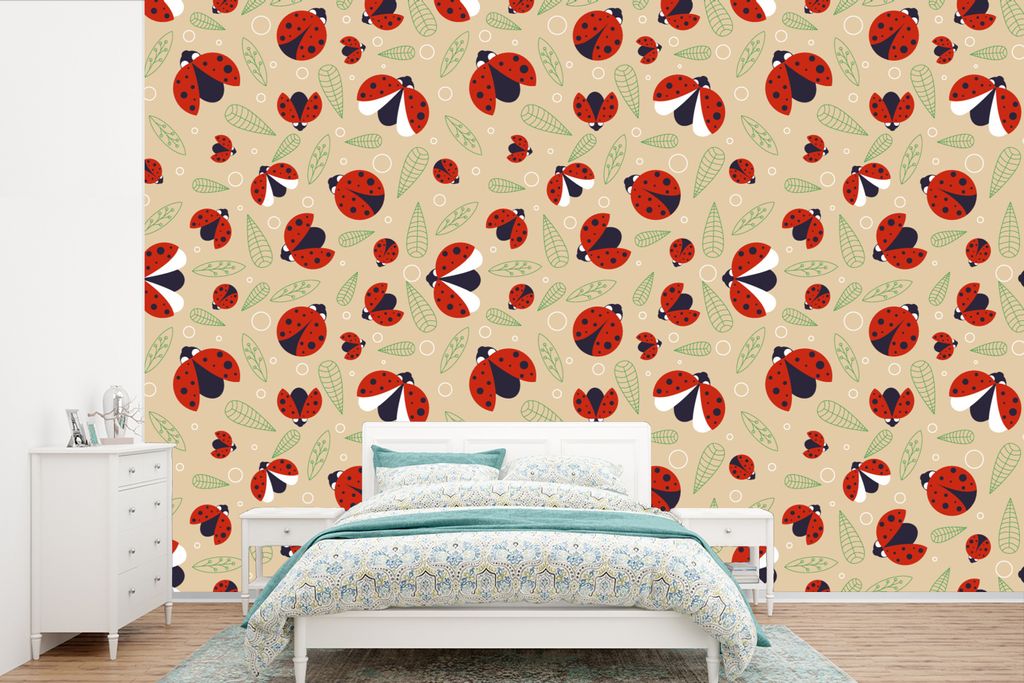MuchoWow Fototapete für Wohnzimmer oder Schlafzimmer Wandtapete Vinyl Motivtapete Marienkäfer - Blätter - Design - 525x350 cm - Das Hintergrun...
