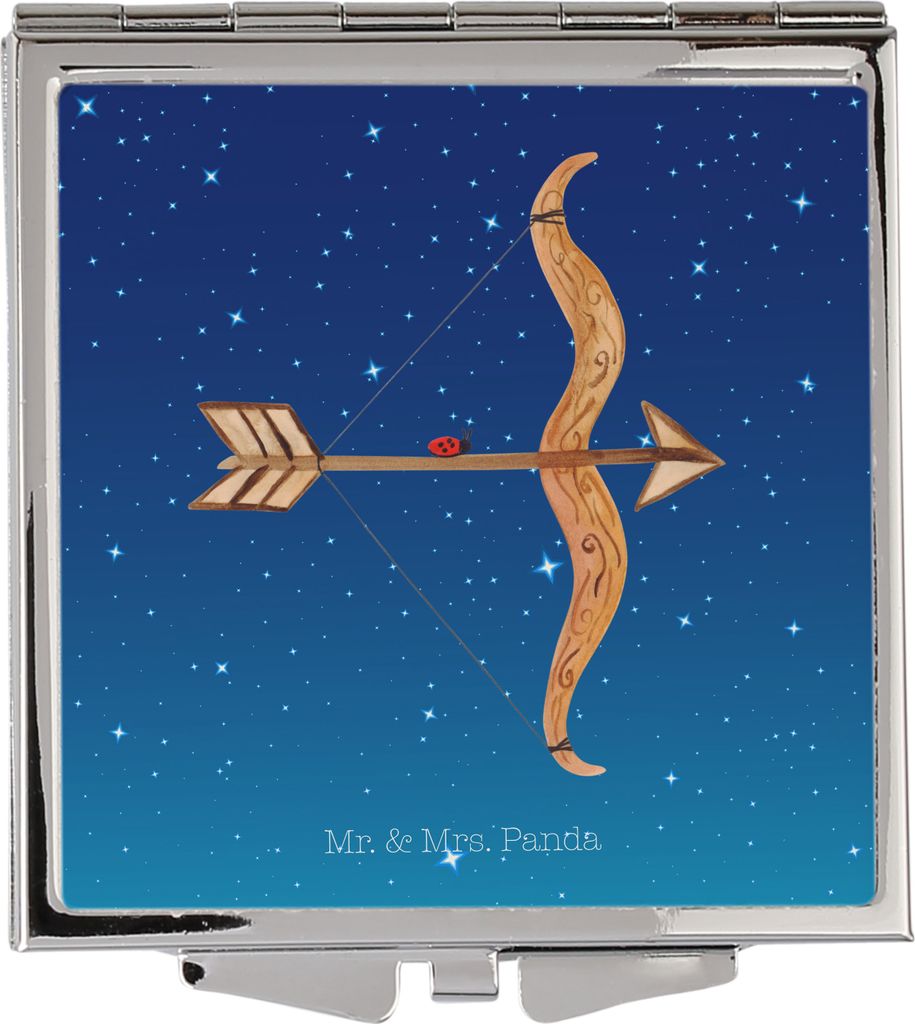 Mr. & Mrs. Panda Klappspiegel Sternzeichen Schütze - Sternenhimmel Blau - Geschenk, Geburtstag Dezember, Kosmetikspiegel, Quadratischer Spiegel, N...
