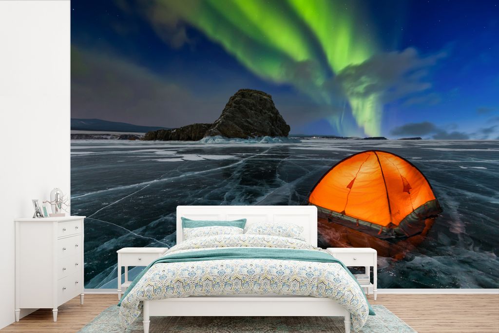 MuchoWow Fototapete für Wohnzimmer oder Schlafzimmer Wandtapete Vinyl Motivtapete Nordlichter - Zelt - Eis - Skandinavien - 420x280 cm - Zimmer ...