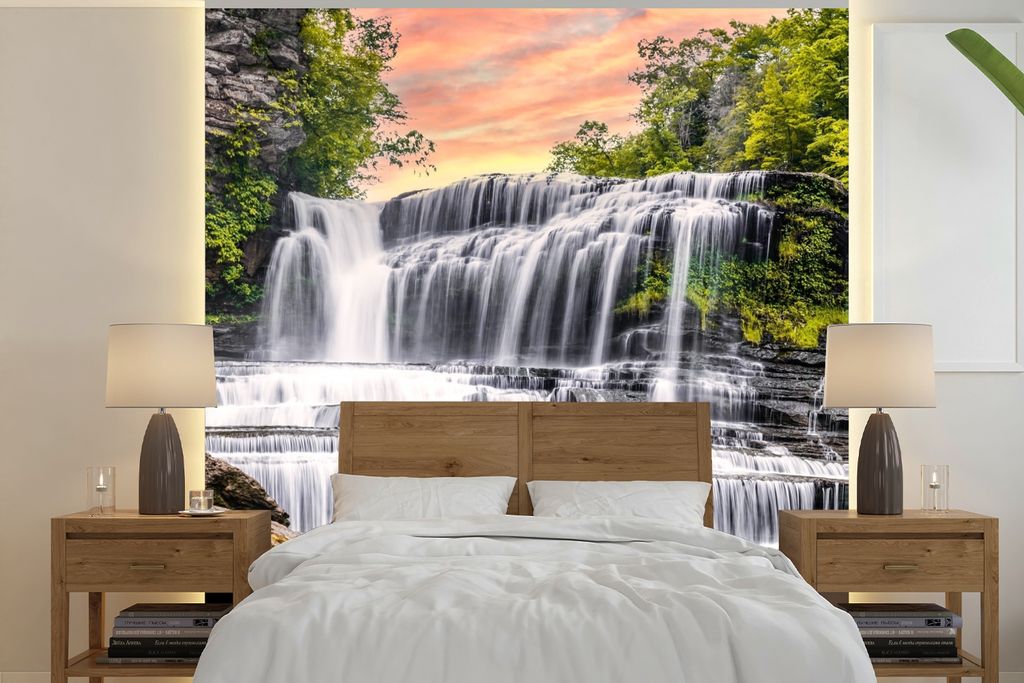 MuchoWow Fototapete für Wohnzimmer oder Schlafzimmer Wandtapete Vinyl Motivtapete Wasserfall - Wasser - Steine - Pflanzen - Natur - 300x300 cm -...