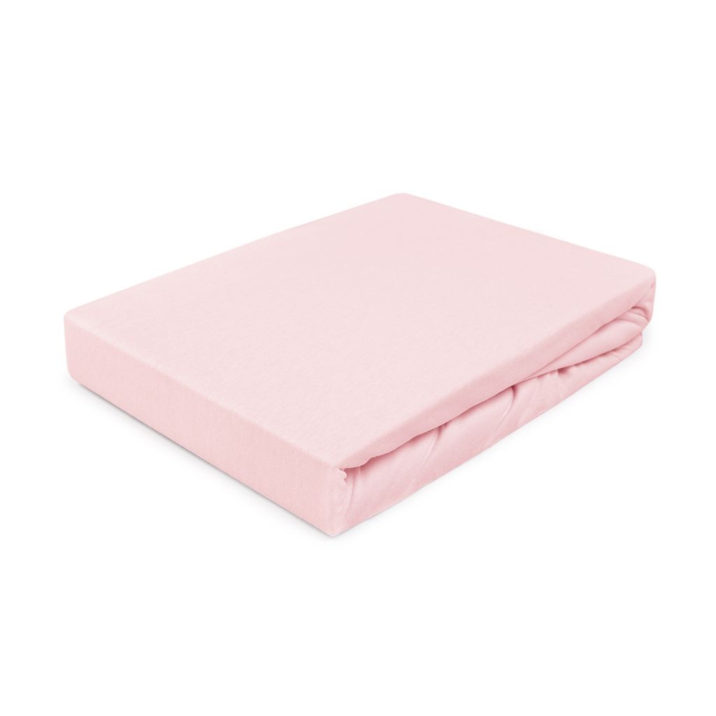 A folded pink fitted sheet on a white background.