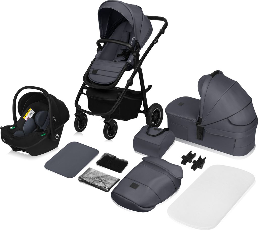 A collection of baby travel system components laid out on a white background.
