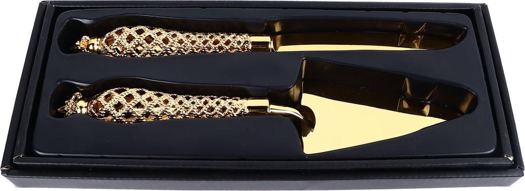 Set di coltelli e posate da portata color oro con incisione Immagine del prodotto 
