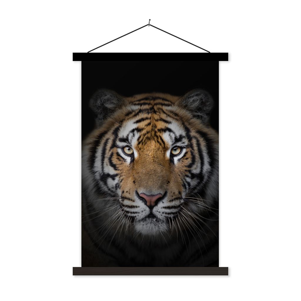 MuchoWow Textilposter Tiger - Wildtiere - Porträt - Schwarz - Tiere 60x90 cm mit schwarzem Rahmen - Poster Wohnzimmer