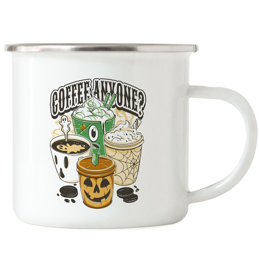 Coffe Anyone Emaille Tasse Milchkaffee Coffeelover Kaffee Kaffeeliebhaber Koffein Cappuccino Trick or Treat Halloween