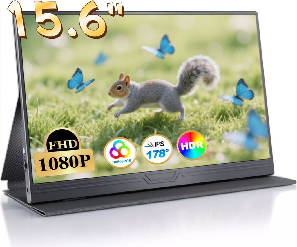A portable monitor displaying an image of a squirrel and butterflies, with feature icons at the bottom.