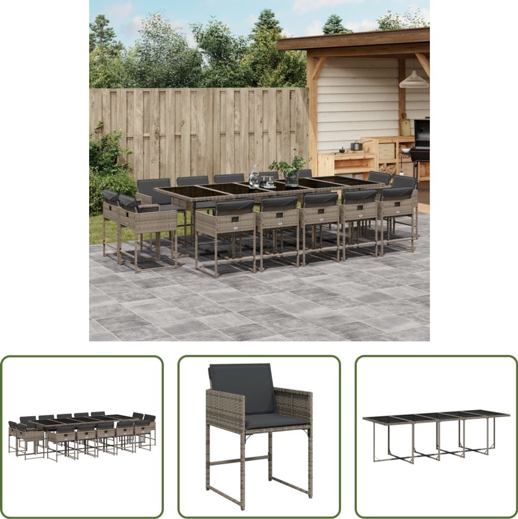 The Living Store 15-tlg. Garten-Essgruppe mit Kissen Grau Poly Rattan