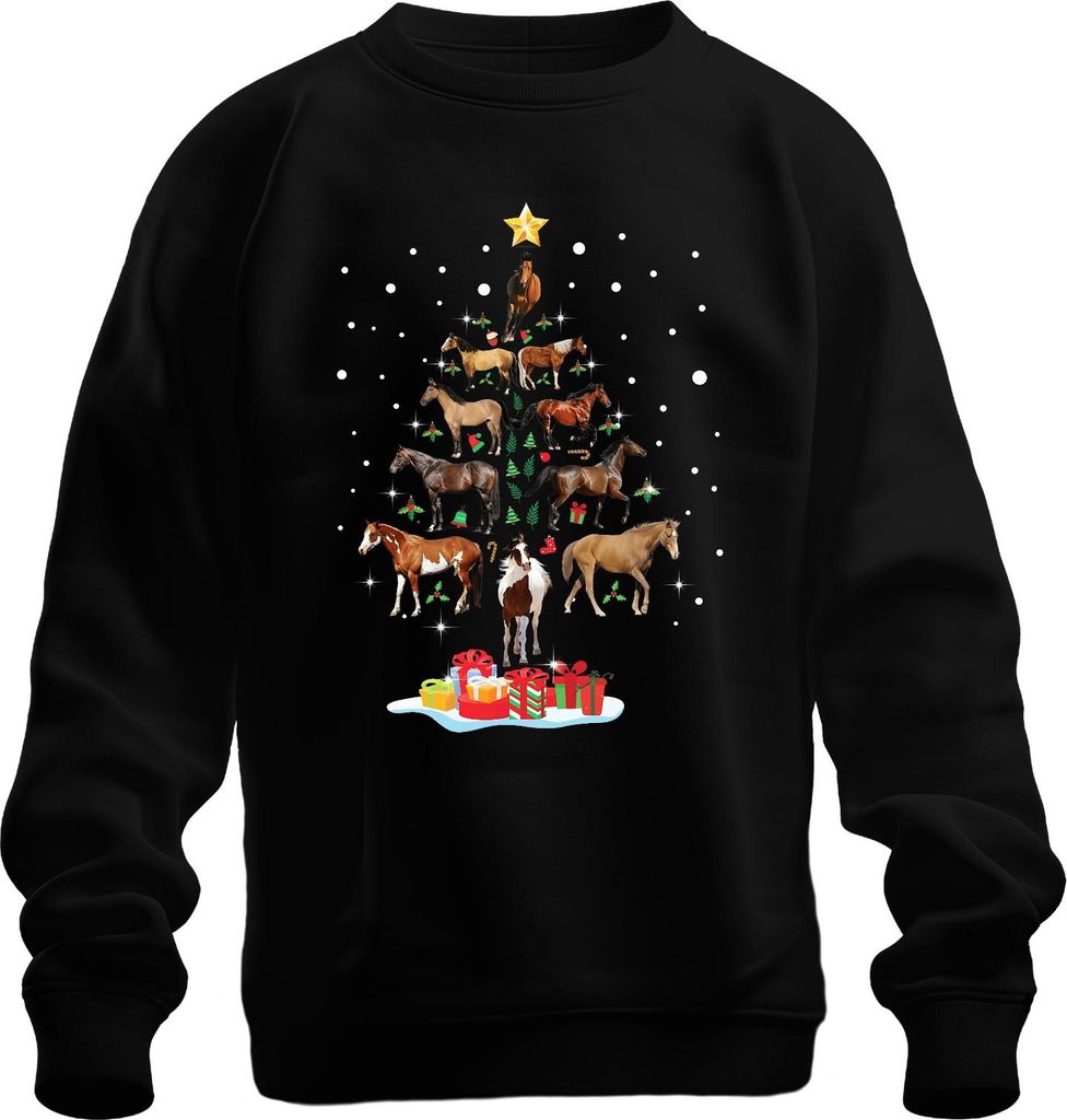 Pferde Weihnachtsbaum Geschenk Reiter Weihnachten Stern Schnee Uni Sweatshirt Pullover, Schwarz, L
