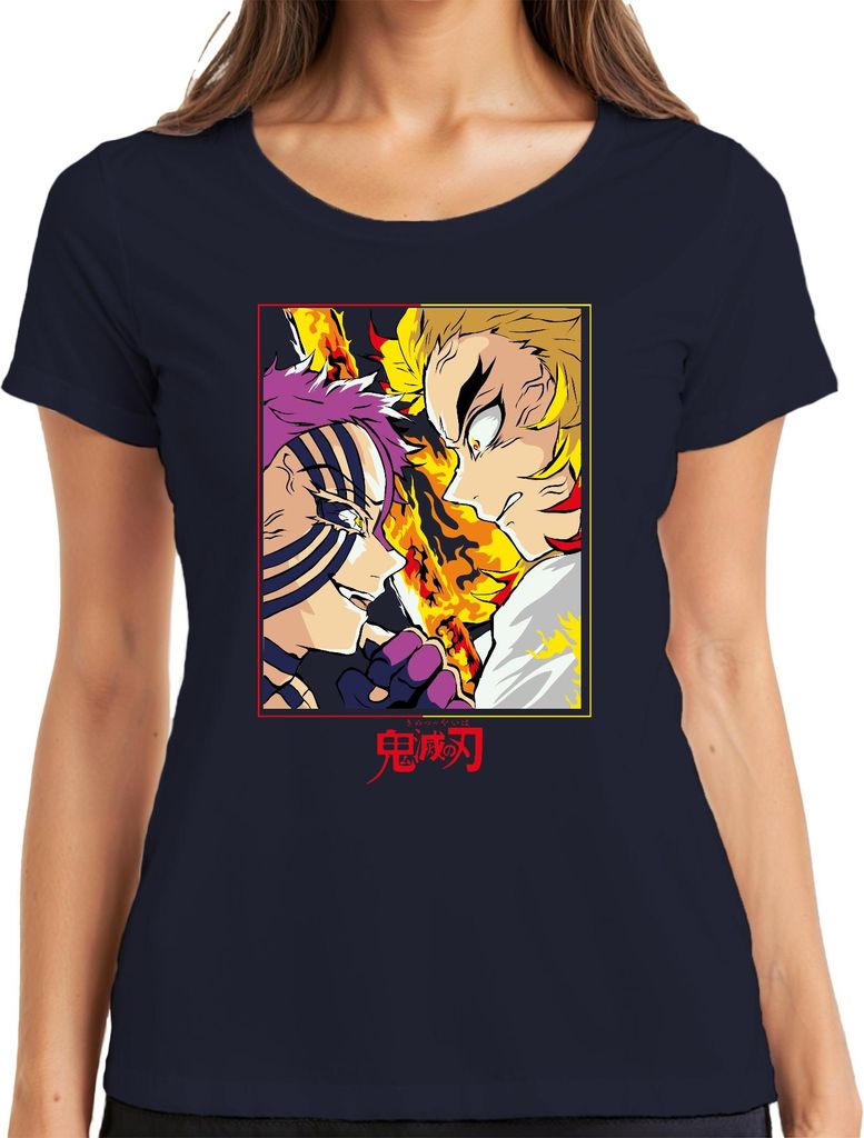 Demon Slayer Rengoku vs Akaza Flammen Kampf Anime Manga Geschenk Damen T-Shirt, Navy, L
