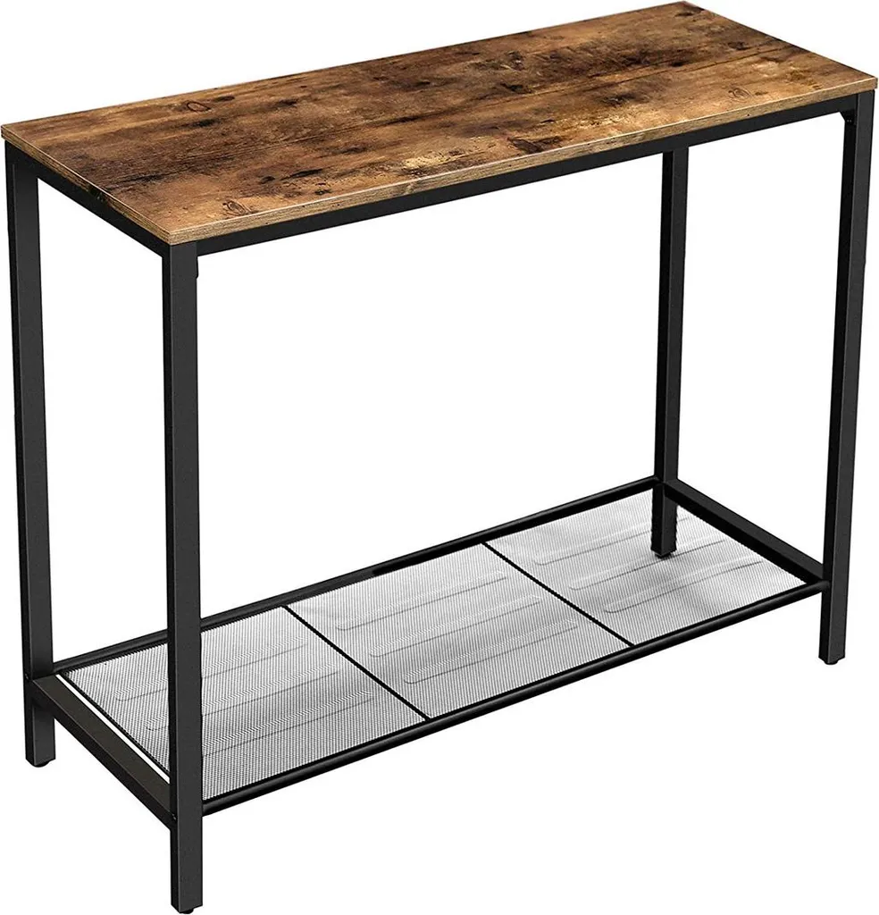 Console industrielle étagère grillagée structure acier 110cm bois brut