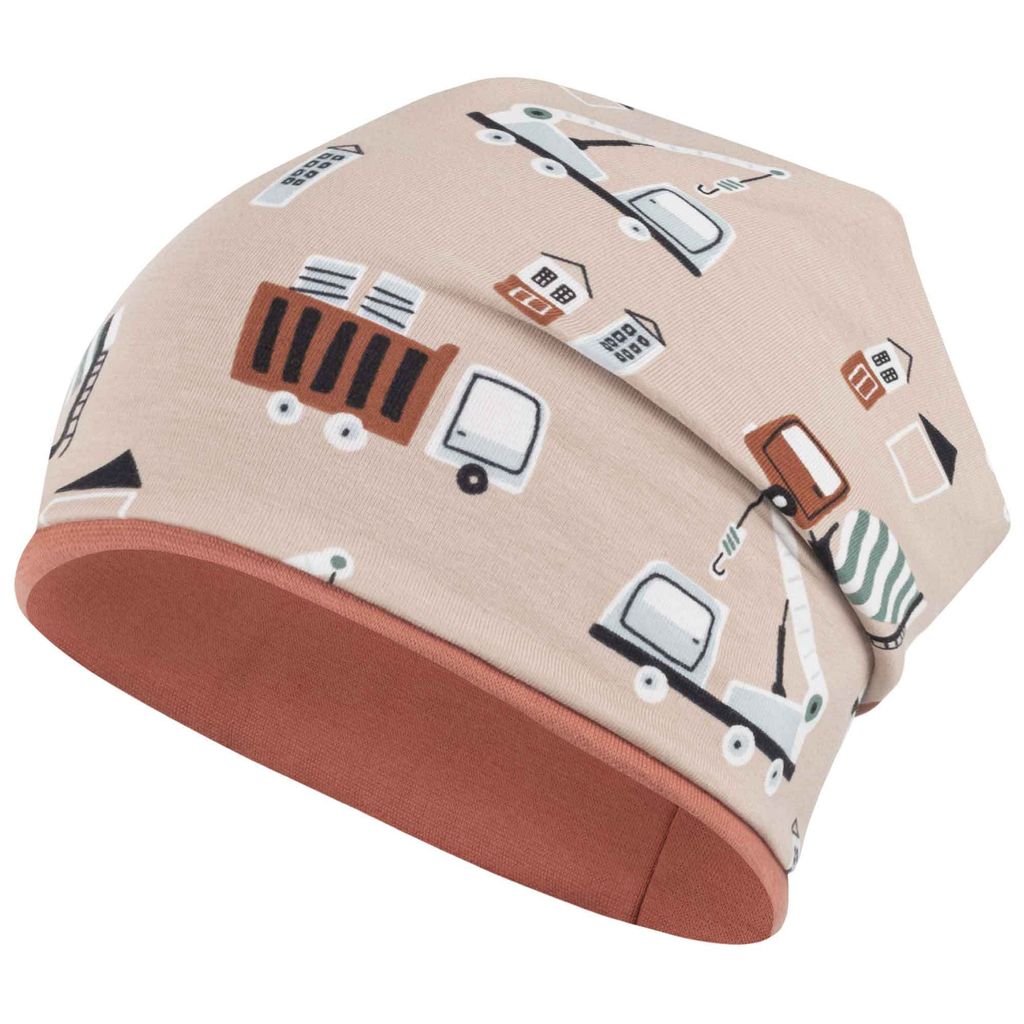 Mütze Junge Kindermütze Übergangsmütze Beanie Fahrzeuge, Gr. 50/52, Beige-Baustelle
